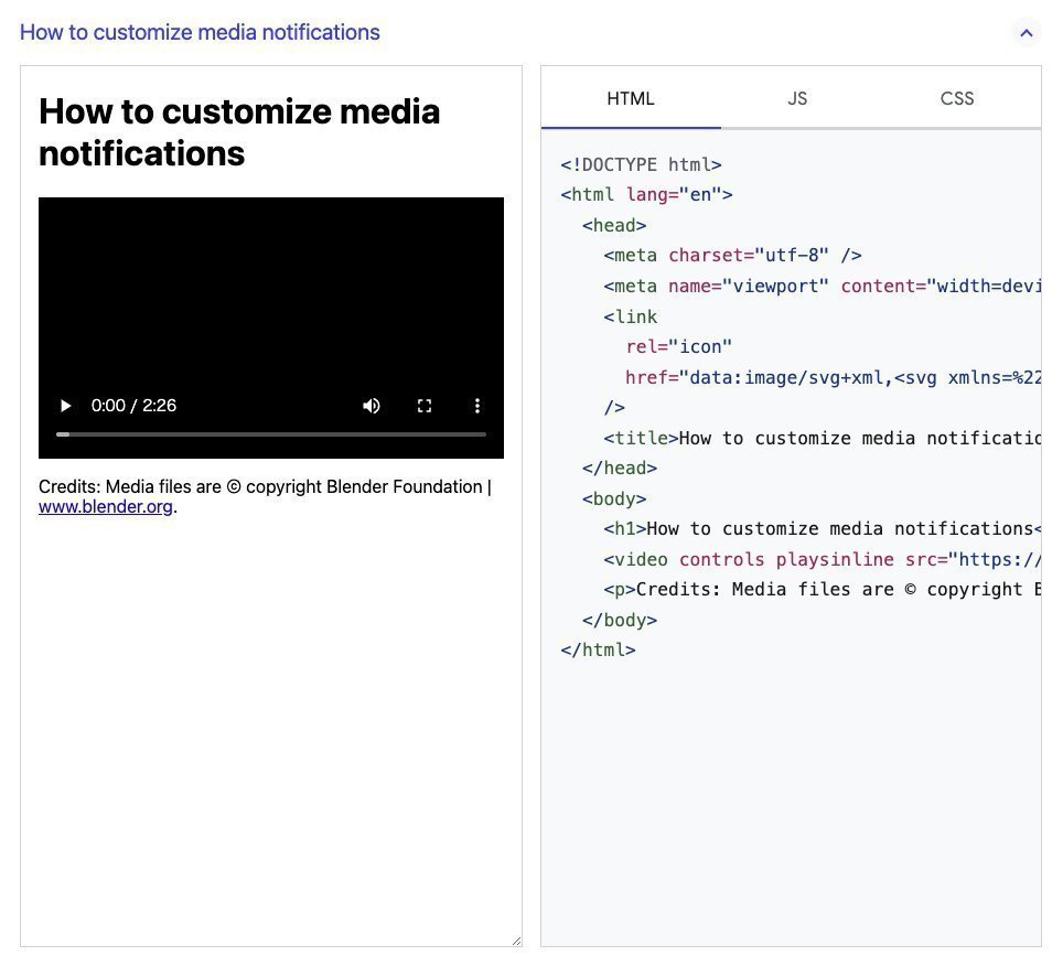미디어 알림 맞춤화 예제의 영상 플레이어와 HTML 코드