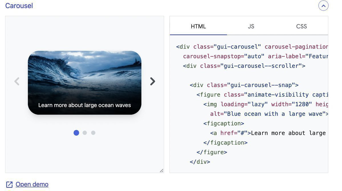 바다 이미지 캐러셀의 실행 화면과 HTML, JavaScript, CSS 코드 탭