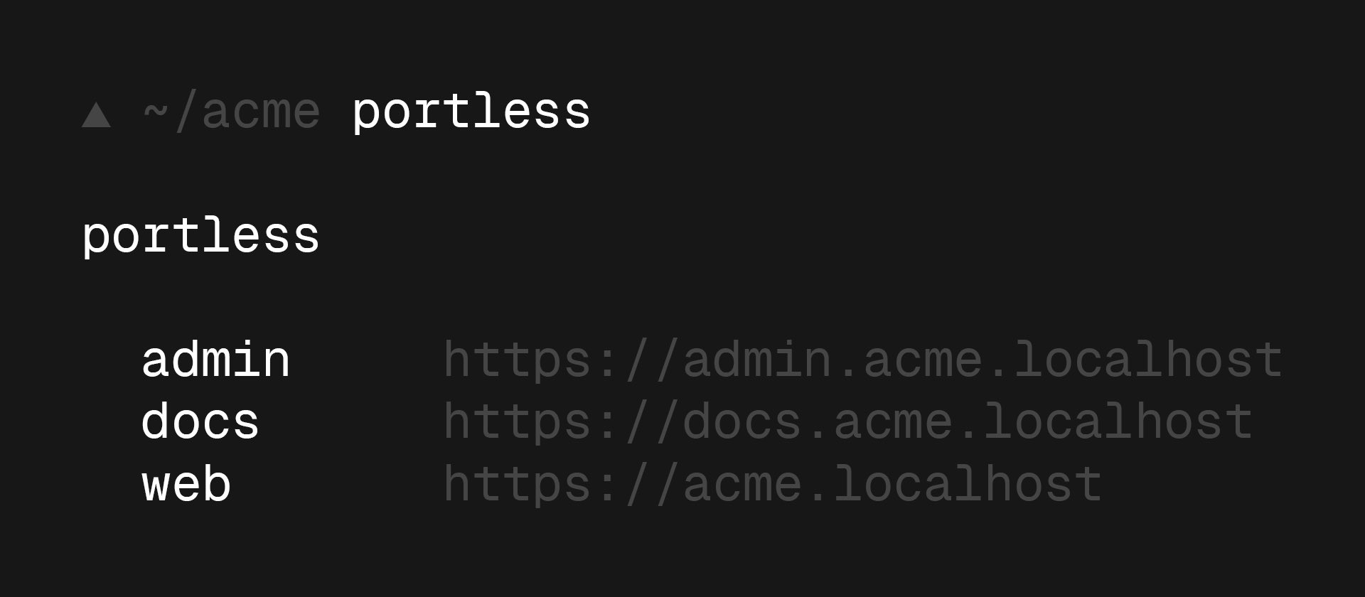 acme 프로젝트에서 admin·docs·web에 서로 다른 localhost 주소를 표시한 Portless 데모